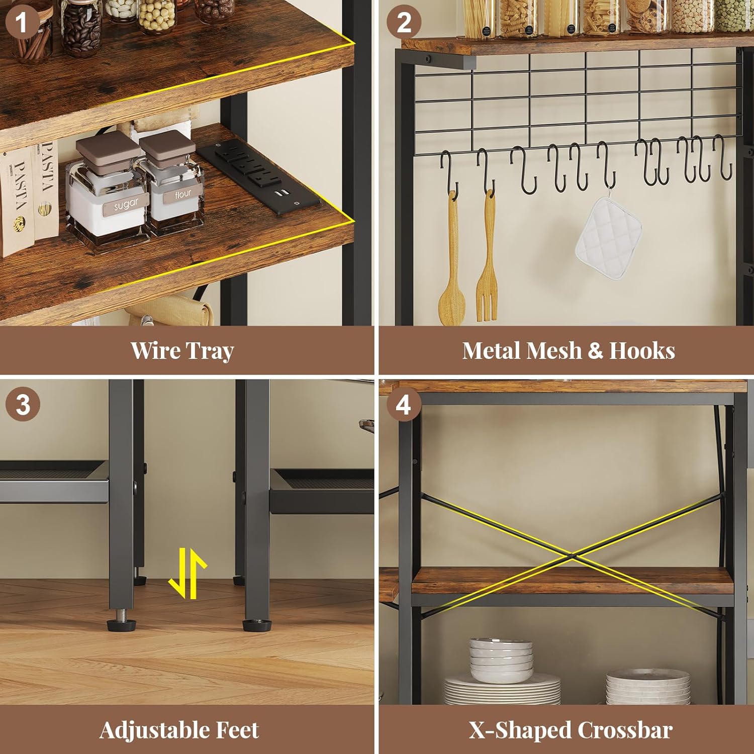 L-Shaped Bakers Rack with Power Outlet, 6-Tier Microwave Stand with Open Storage, Coffee Bar with Hooks, Mesh Grid, Kitchen Shelf with Wire Basket, Rustic Brown and Black