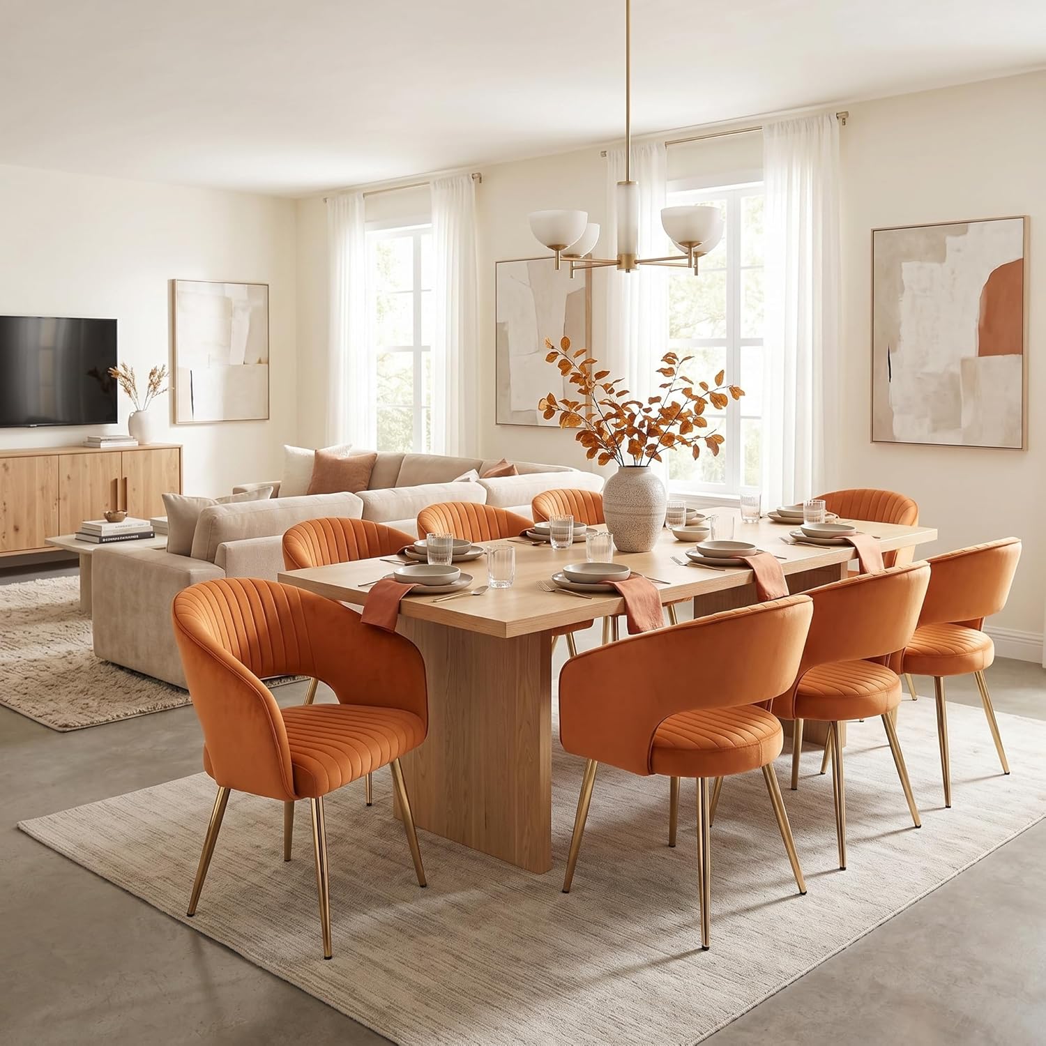 Orange Velvet Dining Chairs Gold Legs, Modern Dining Room Chairs with Arms Set of 6 Upholstered Accent Chair Armchair with Barrel Back for Kitchen Living Room