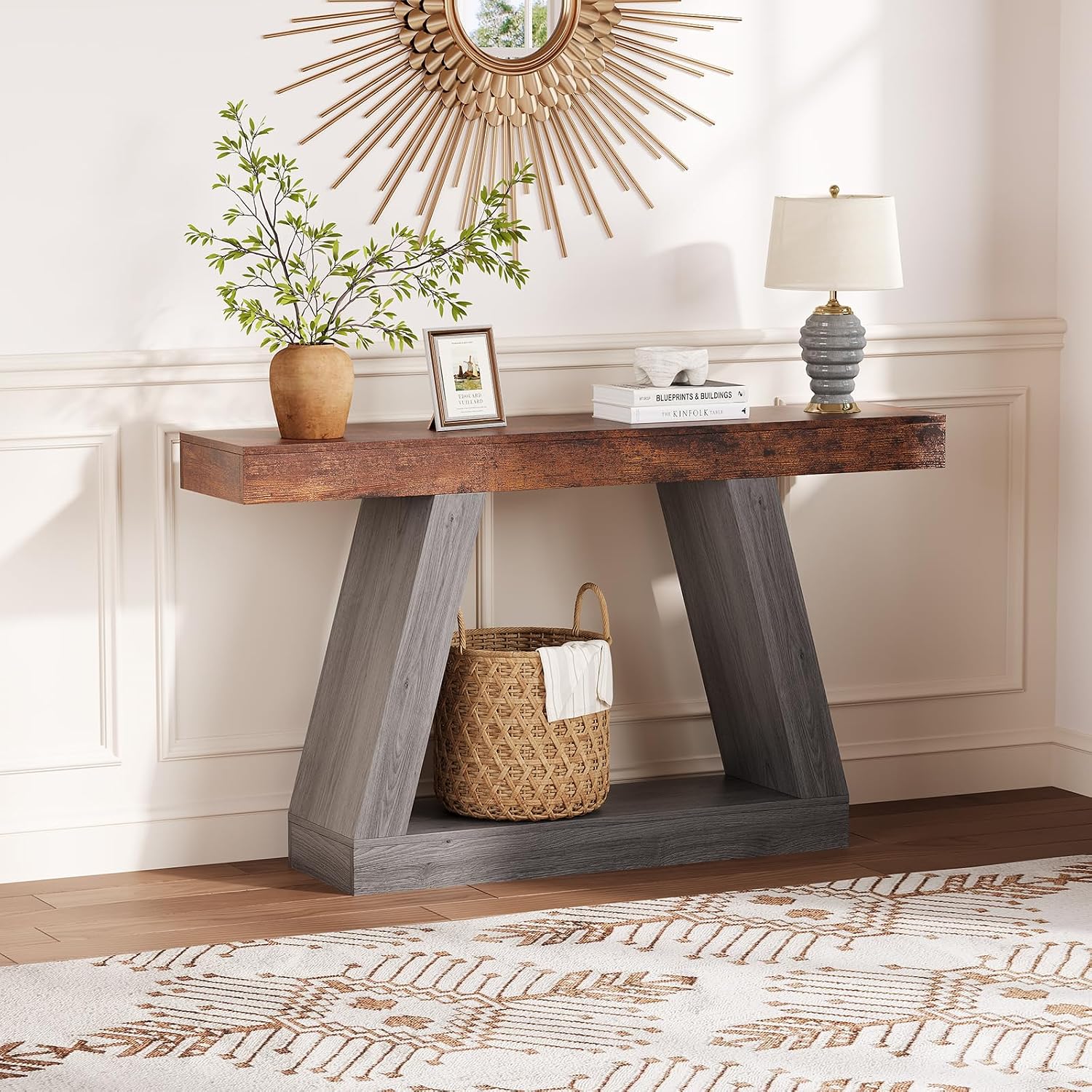 55in Farmhouse Console Table - 2-Tier Wooden Trapezium Sofa Table - Skinny Entryway Furniture with Open Storage Shelf - Ideal for Living Room, Behind Couch, Hallway - Gray