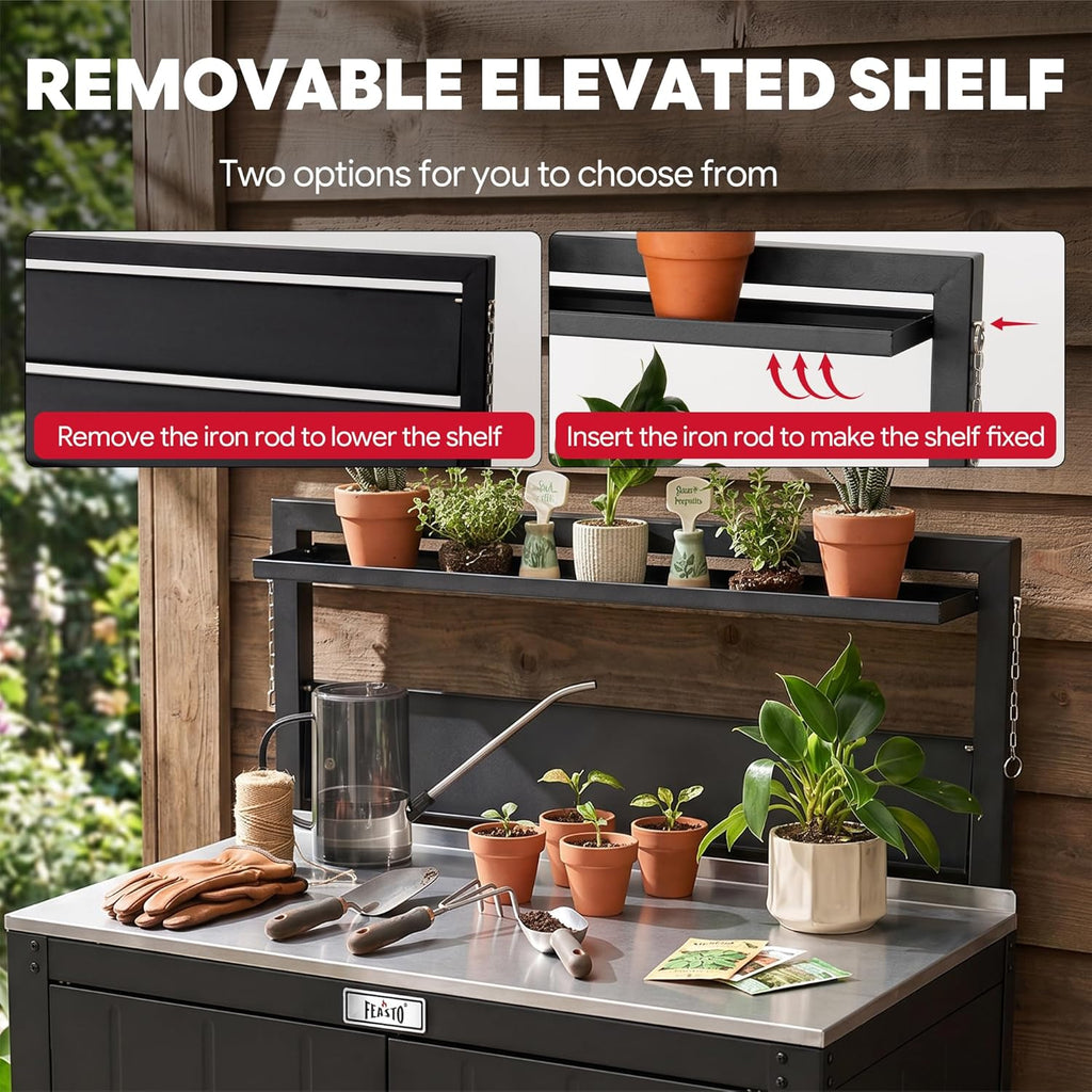 Feasto Outdoor Potting Bench Table with Storage Cabinet, Black | Stainless Steel Garden Workstation, Raised-Edge Top, Adjustable Shelf & Removable Hutch, Patio, Balcony & Outdoor Workspace