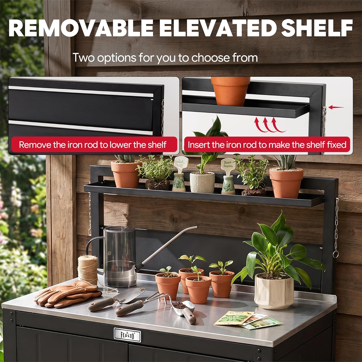 Feasto Outdoor Potting Bench Table with Storage Cabinet, Black | Stainless Steel Garden Workstation, Raised-Edge Top, Adjustable Shelf & Removable Hutch, Patio, Balcony & Outdoor Workspace