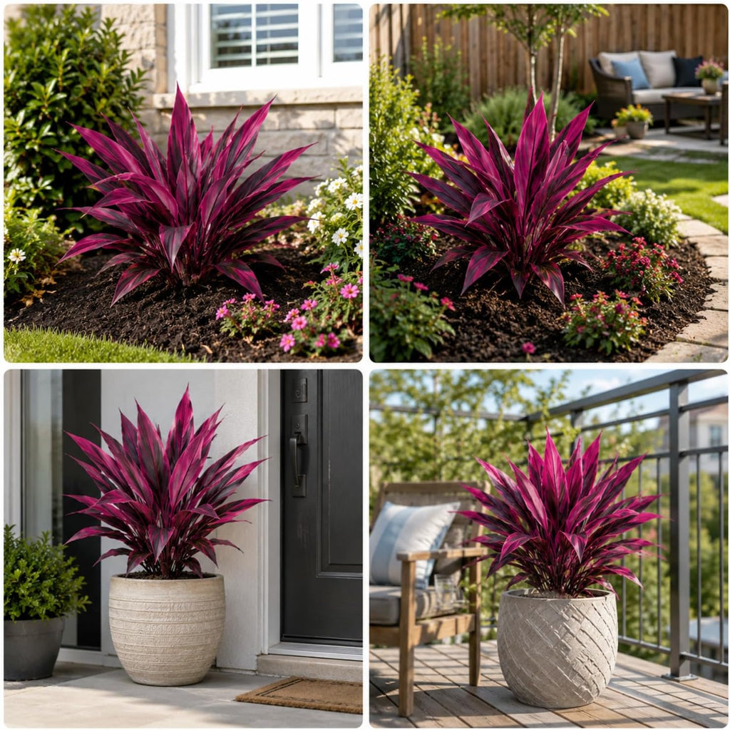 Waydress 6 Pcs Artificial Tropical Plants Faux Cordyline Fruticosa Logs Fake Boston Ferns UV Resistant Artificial Outdoor Greenery Pink Purple for Garden Patio Balcony Porch Yard Home Decor