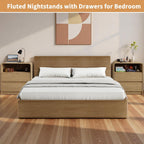 Fluted Nightstand with Charging Station, 23.6'' Wide Morden End Table 2 Drawers & Open Shelf, Curved Profile Design, Wood Bedside Table for Bedroom (Natural Oak, 2 Pieces)