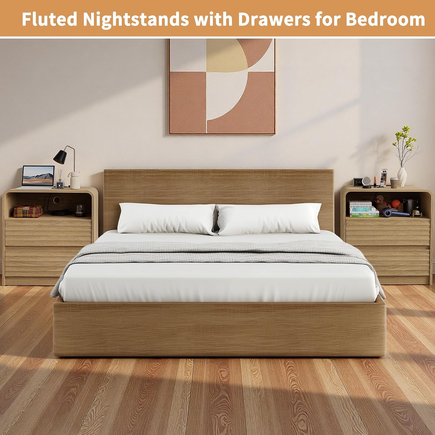 Fluted Nightstand with Charging Station, 23.6'' Wide Morden End Table 2 Drawers & Open Shelf, Curved Profile Design, Wood Bedside Table for Bedroom (Natural Oak, 2 Pieces)