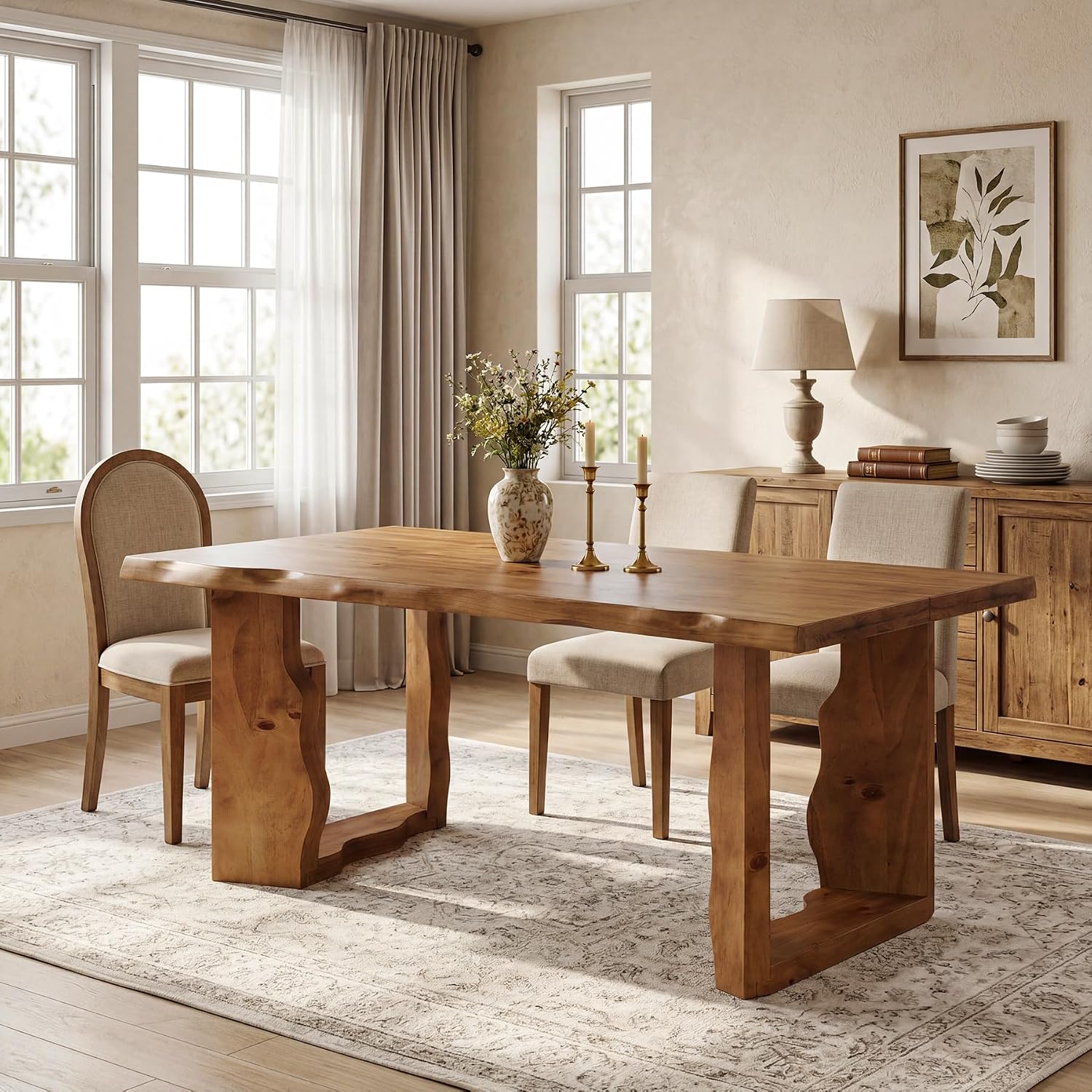 63" Live Edge Solid Wood Dining Table, Modern Rustic Kitchen Table with Sculptural Legs, 6-Person Rectangular Dinner Table for Dining Room, Kitchen,Natural Dark Brown Finish