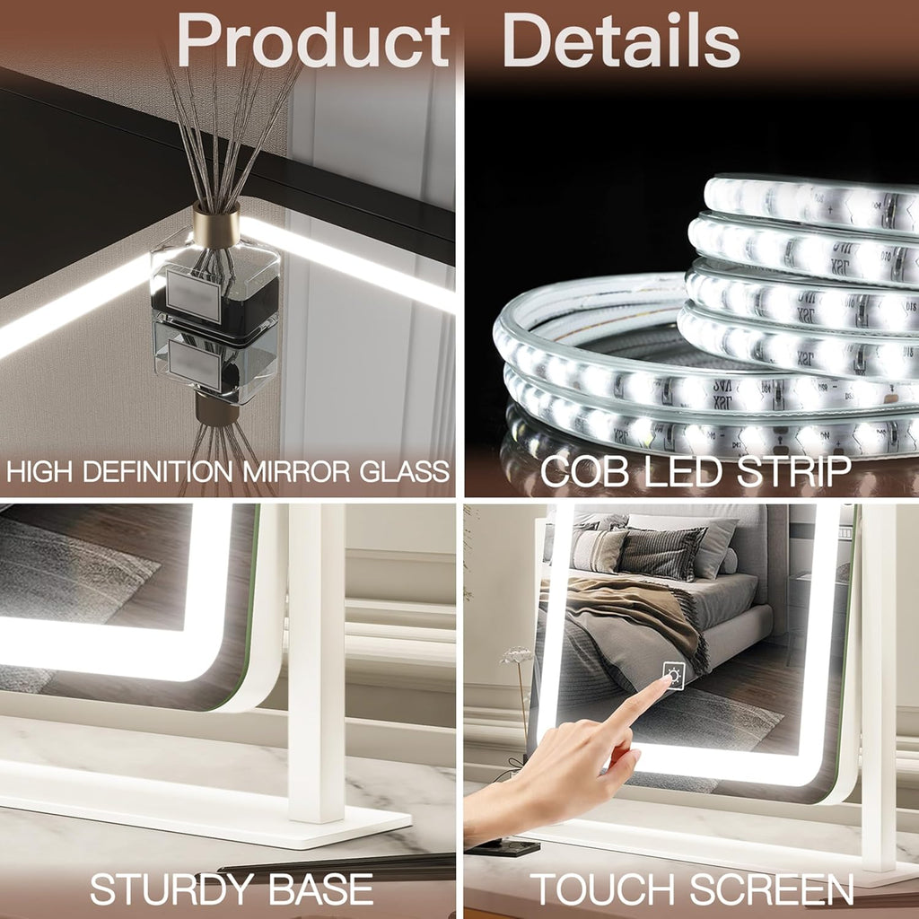 FENNIO Vanity Mirror with Lights - 15"x12.6" LED Lighted Makeup Mirror, Large Makeup Mirror with Lights, Touch Screen with 3-Color Lighting, Dimmable, for Vanity Desk Tabletop, Bedroom