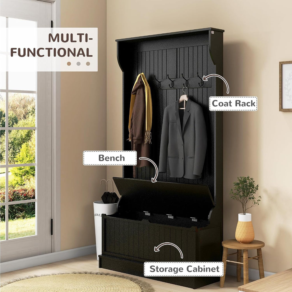 HOMCOM Hall Tree with Bench and Shoe Storage 3-in-1 Coat Rack Black | Slim Bench with Coat Rack, 4 Hooks, Flip Top Storage Compartment