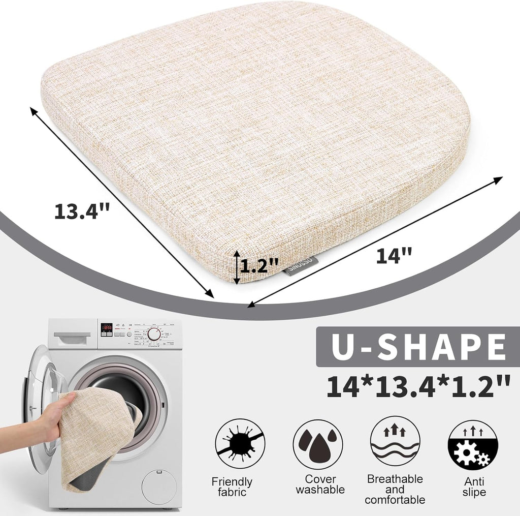 SINOSSO Memory Foam 14" Metal Chair Cushions 4 Pcs, Modern Interwoven Style Magnetic Chair Pads for Dining Kitchen Cafe Bistro Stackable Chair (U-Shape, Beige, 4)