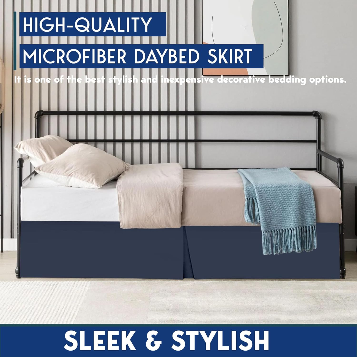 Pleated Daybed Skirt with Split Corners Twin Size - 14 Inch Tailored Drop Easy Fit - Pleated Daybed Dust Ruffle - 100% Microfiber Soft, Wrinkle-Free Daybed Bedskirt (Navy Blue, Twin-14 Drop)