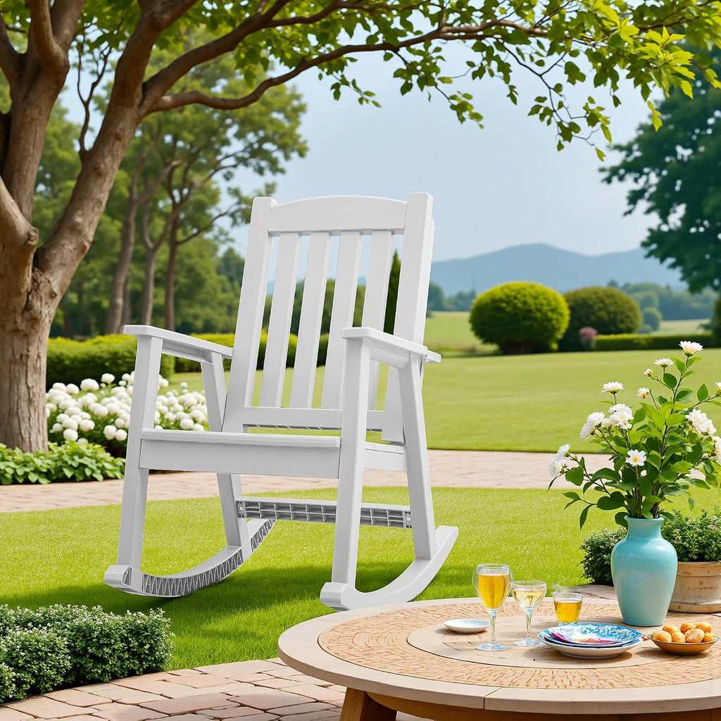 Greesum Outdoor Plastic Rocking Chair Set of 2, Patio Rocking Chair for Outside, Waterproof & Rust-Proof, Supports 300 lbs, Suitable for Garden Lawn Front Porch Poolside – White