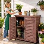 Potting Bench with Storage Cabinet and Metal Table Top for Outdoor Patio, Garden Furniture Wood Workstation (Dark Brown, 31x17x36‘’)