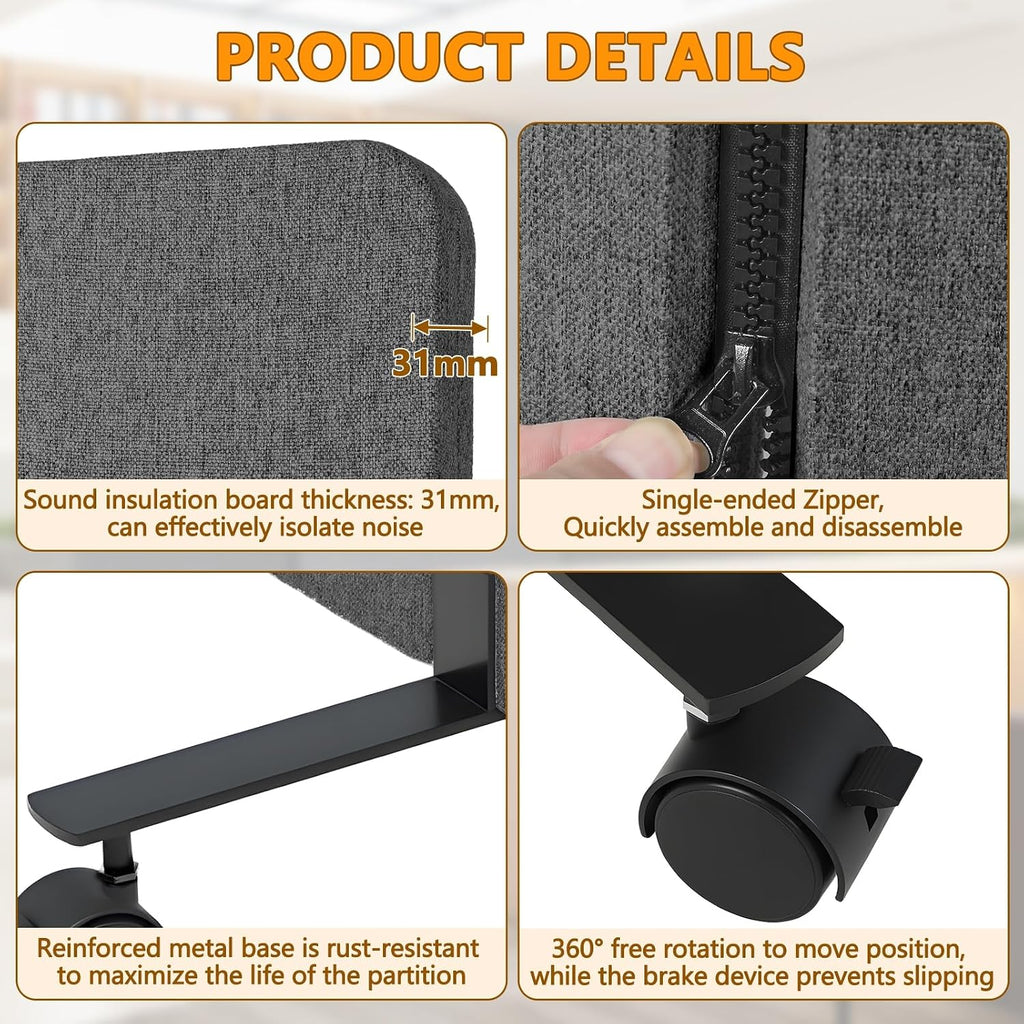 Soundproof Room Divider 3 Panels Rolling Room Divider with Wheels,Office Partitions Portable Wall, Freestanding Folding Partition Privacy Screens for Home, Office,Bedroom,Hospital,72x66in Dark Gray