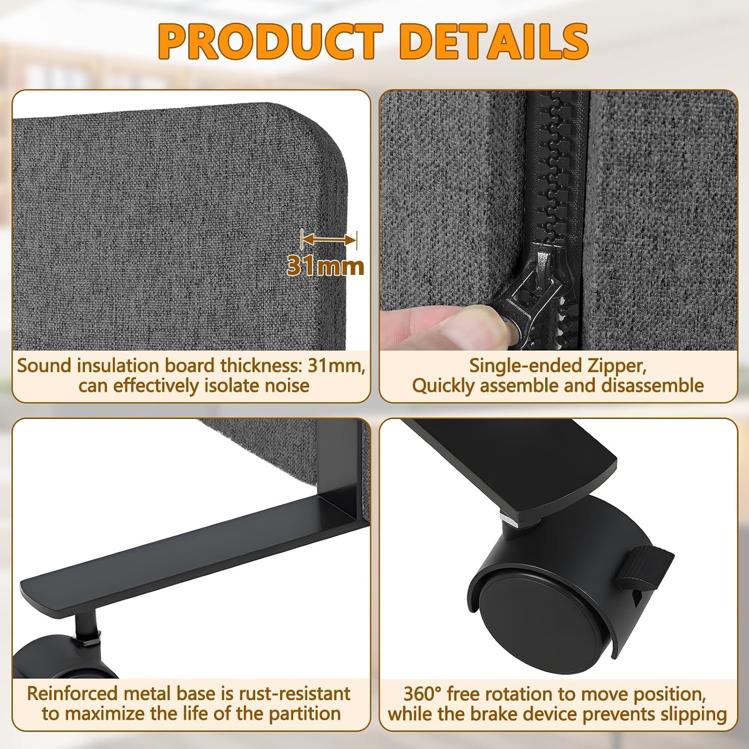 Soundproof Room Divider 3 Panels Rolling Room Divider with Wheels,Office Partitions Portable Wall, Freestanding Folding Partition Privacy Screens for Home, Office,Bedroom,Hospital,72x66in Dark Gray