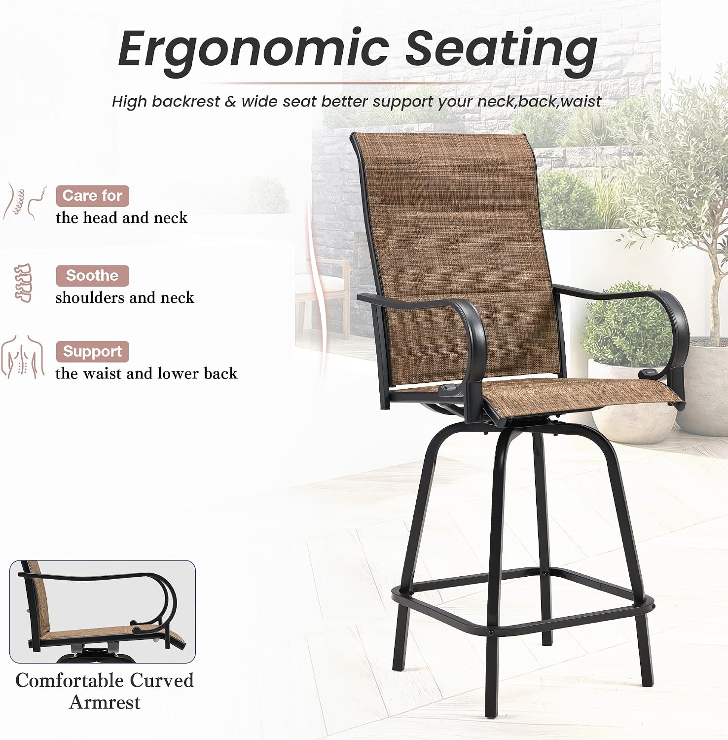 HOMREST Outdoor Swivel Bar Stools Set of 2, High Patio Swivel Bar Chairs with Padded Back & Seat, All-Weather Textilene Tall Patio Chair with Curved Armrest & Metal Footrest for Outside,Dark Brown