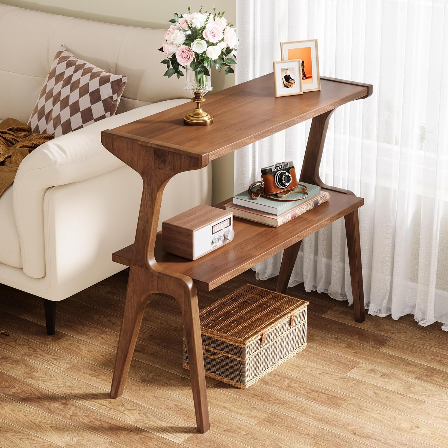 Tribesigns Solid Wood End Table, 2-Tier Farmhouse Side Table with Storage Shelves, Slim Side Table for Couch with Unique Legs, Long Bedside Table for Bedroom, Living Room, Rustic Brown