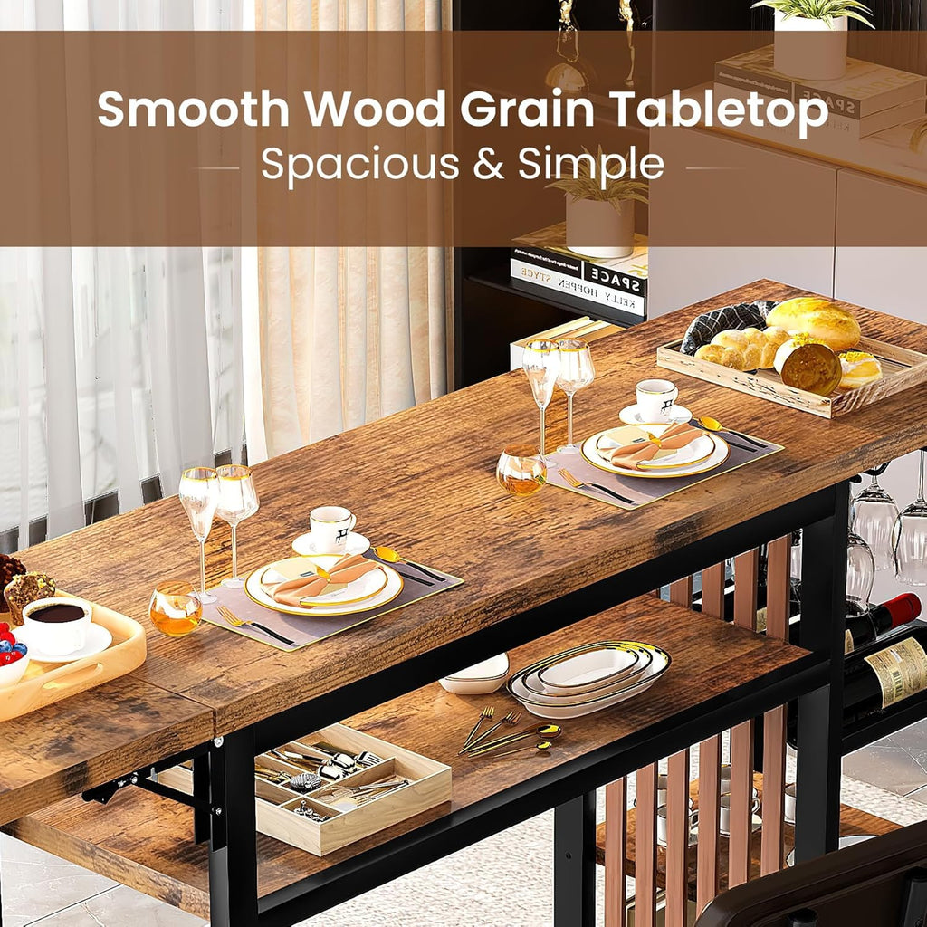 Recaceik Bar Dining Table Set, 59" Expandable Kitchen Counter Height Dining Table Set with Storage Shelves, Cup Holder & Wine Rack, PU Upholstered Stools Bar Table Set with Backrest for Kitchen