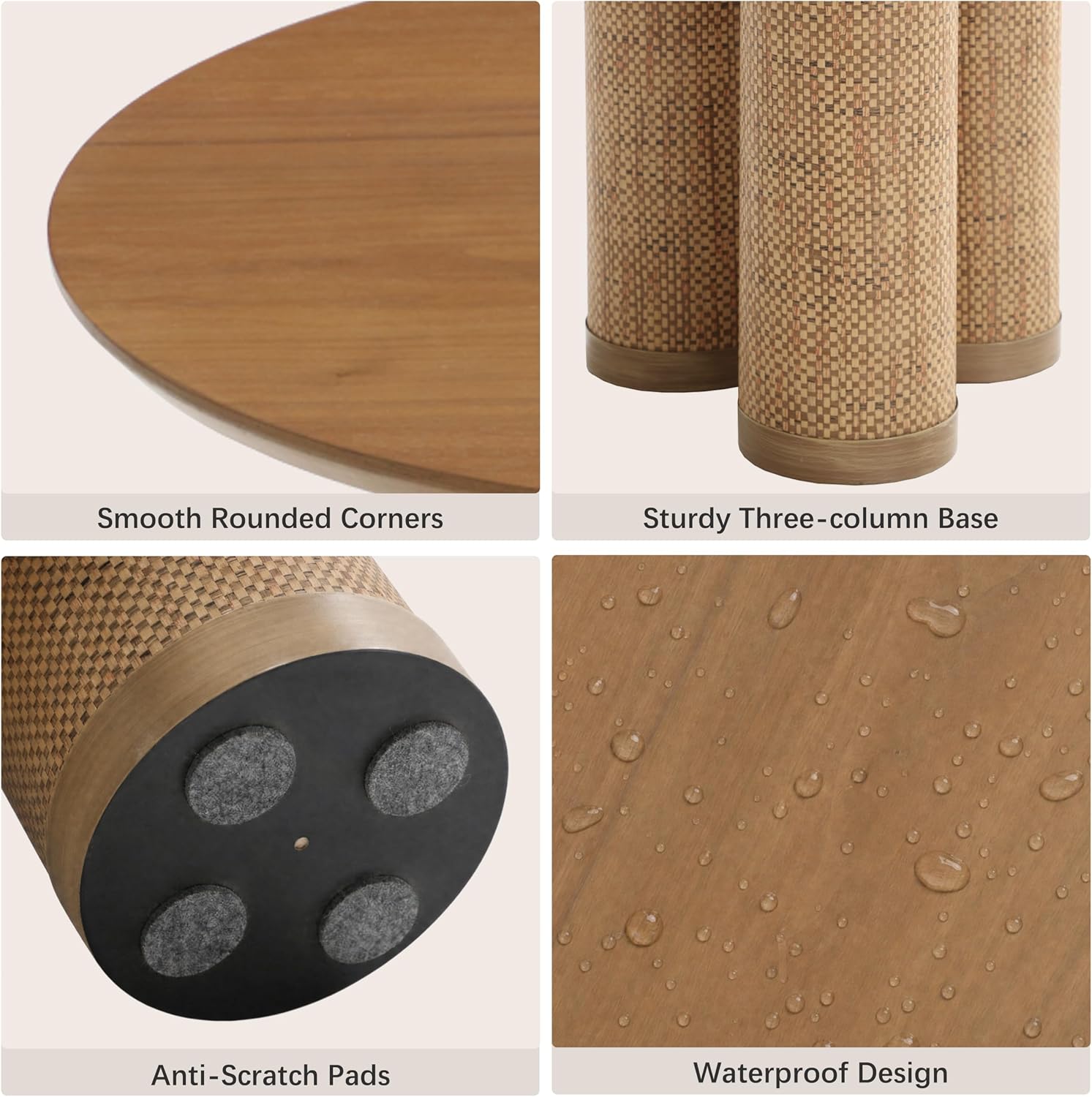 20" Round Walnut Wood End Table, Modern Side Table with 3 Textured Cylindrical Legs, Boho Rattan Accent Table for Living Room, Bedroom, Small Spaces, Light Walnut