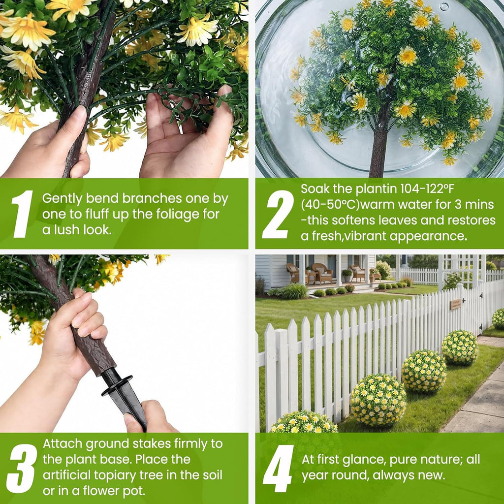 26" Artificial Yellow Boxwood Topiary Ball Tree with Ground Spike, Set of 2 Fake Fall Boxwood Bushes Shrubs Outdoor, UV Resistant Faux Greenery Trees Ball for Outdoor Front Porch Garden Decor
