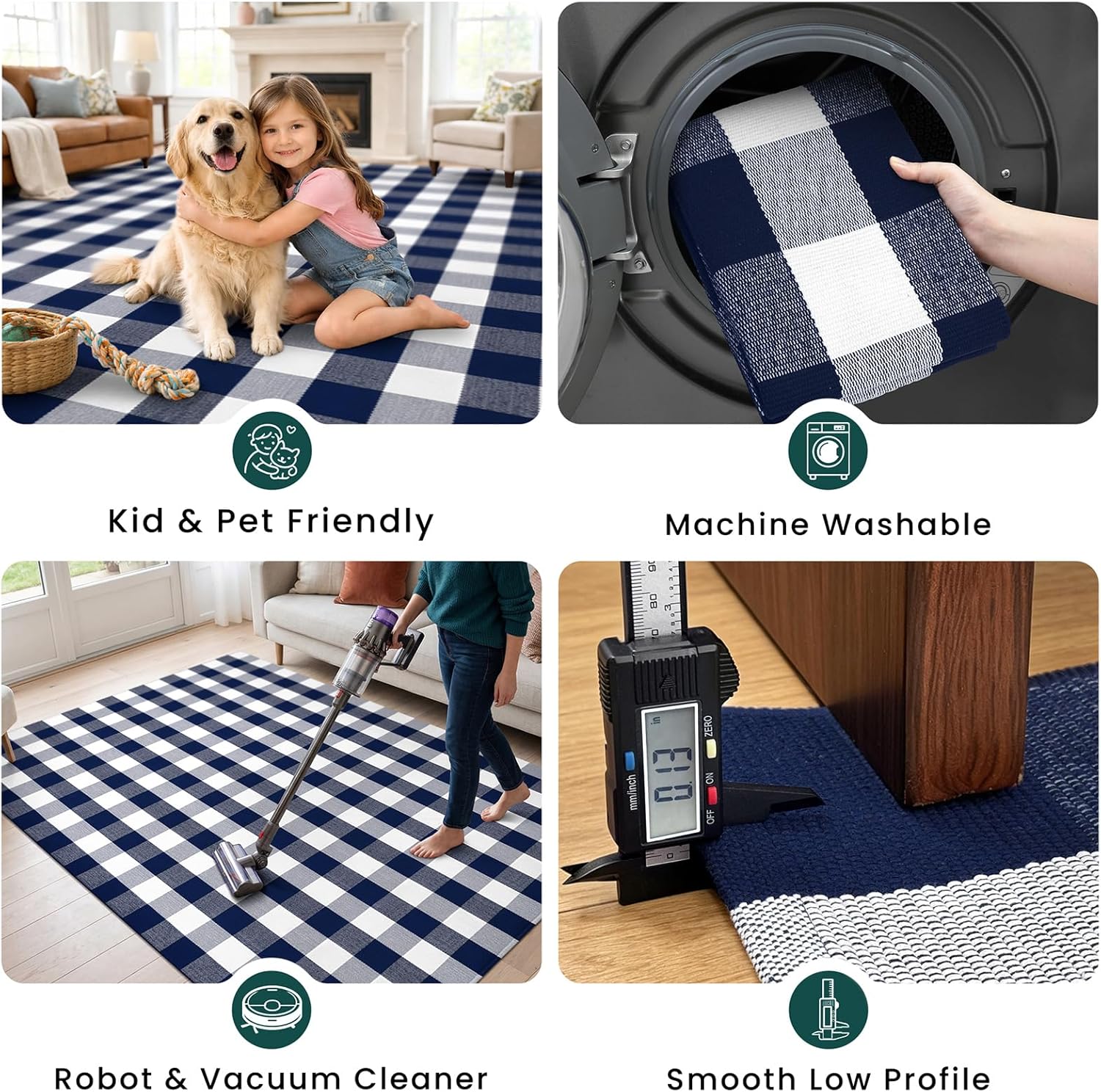 KOZYFLY Buffalo Plaid Area Rugs 2.3x3.6 Ft Blue and White Rug Washable Front Door Mat Woven Cotton Indoor Outdoor Rug for Front Porch Kitchen Entryway Patio Farmhouse Checkered Doormat