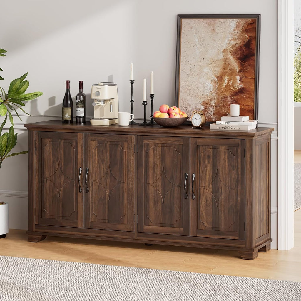 ONBRILL 63 Inch Buffet Cabinet with Storage, Large Sideboard Cabinet with 4 Carved Doors, Modern Credenza Storage Cabinets w/Adjustable Shelves for Kitchen, Living Room, Brown
