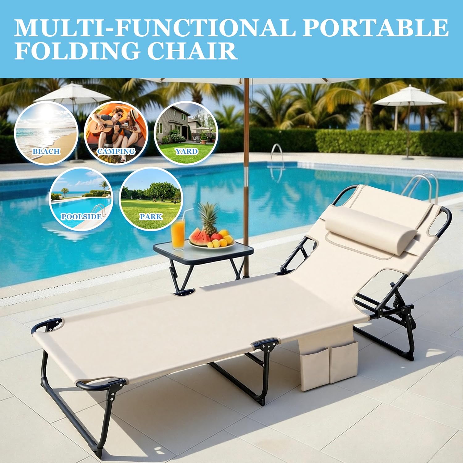 3-in-1 Sun Tanning Chair with Face Holes, Folding Chaise Lounge Chairs, 5-Position Adjustable Lounge Chair Outdoor with 2 Side Pocket & Pillow, for Pool Beach, Patio, Camping, Beige