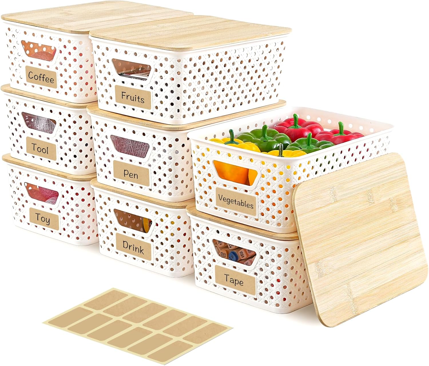 8 Pack Plastic Storage Bins with Bamboo Lids - Stackable Storage Baskets with Handle for Pantry Organizer and Storage, Plastic Containers Bins Lidded Storage Bins for Classroom Office Shelves