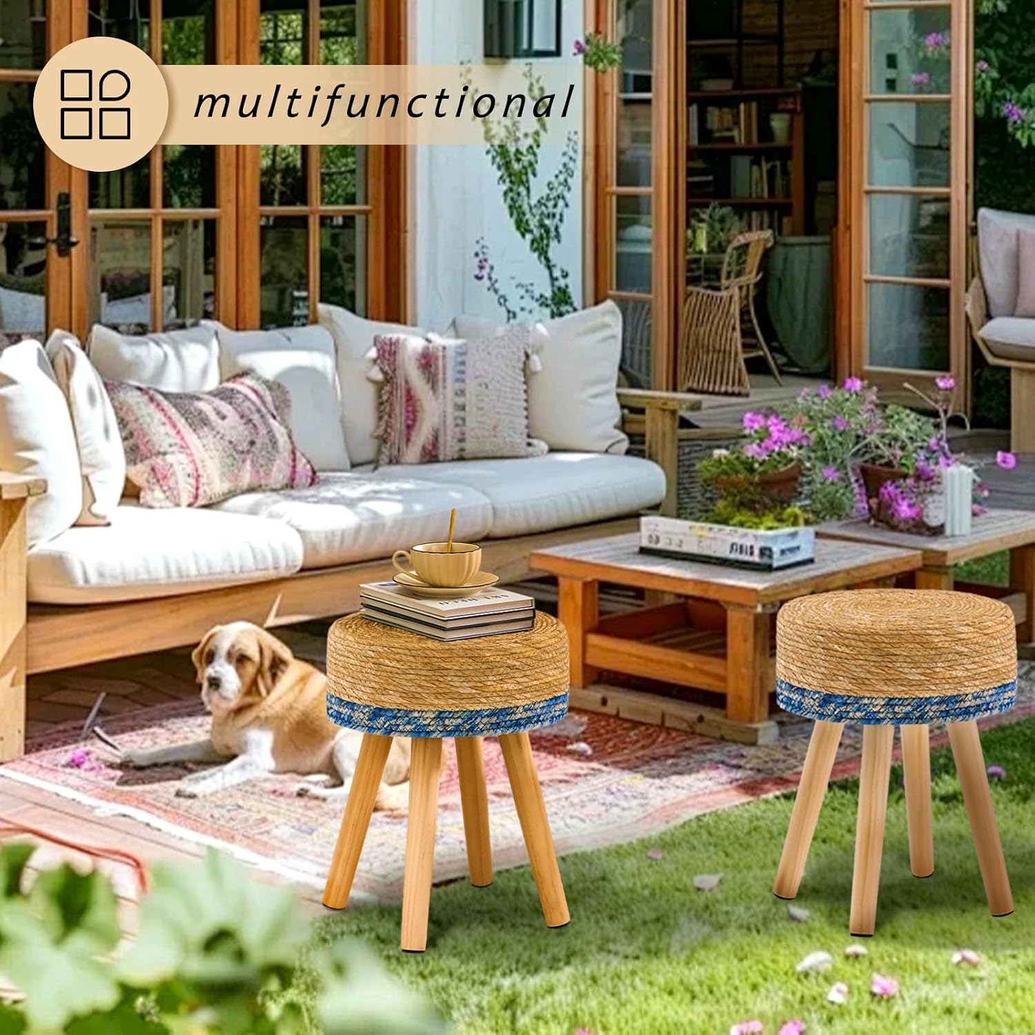 Handwoven Outdoor Ottoman, Water Hyacinth Pouf Round Patio Footstool with Wood Legs, 17-Inch Multipurpose Vanity Stool, Dining Chair, Patio Footrest for Balcony and Garden, Blue