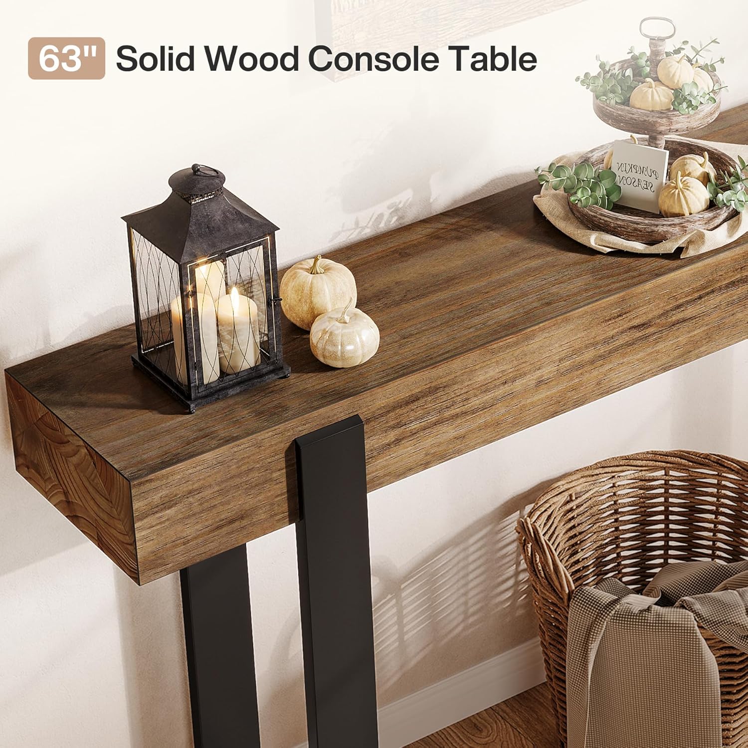 Tribesigns 63-Inch Long Console Table, Solid Wood Sofa Table Behind The Couch with Metal Support, Farmhouse Entryway Furniture for Entrance, Hallway, Living Room, Rustic Brown & Black