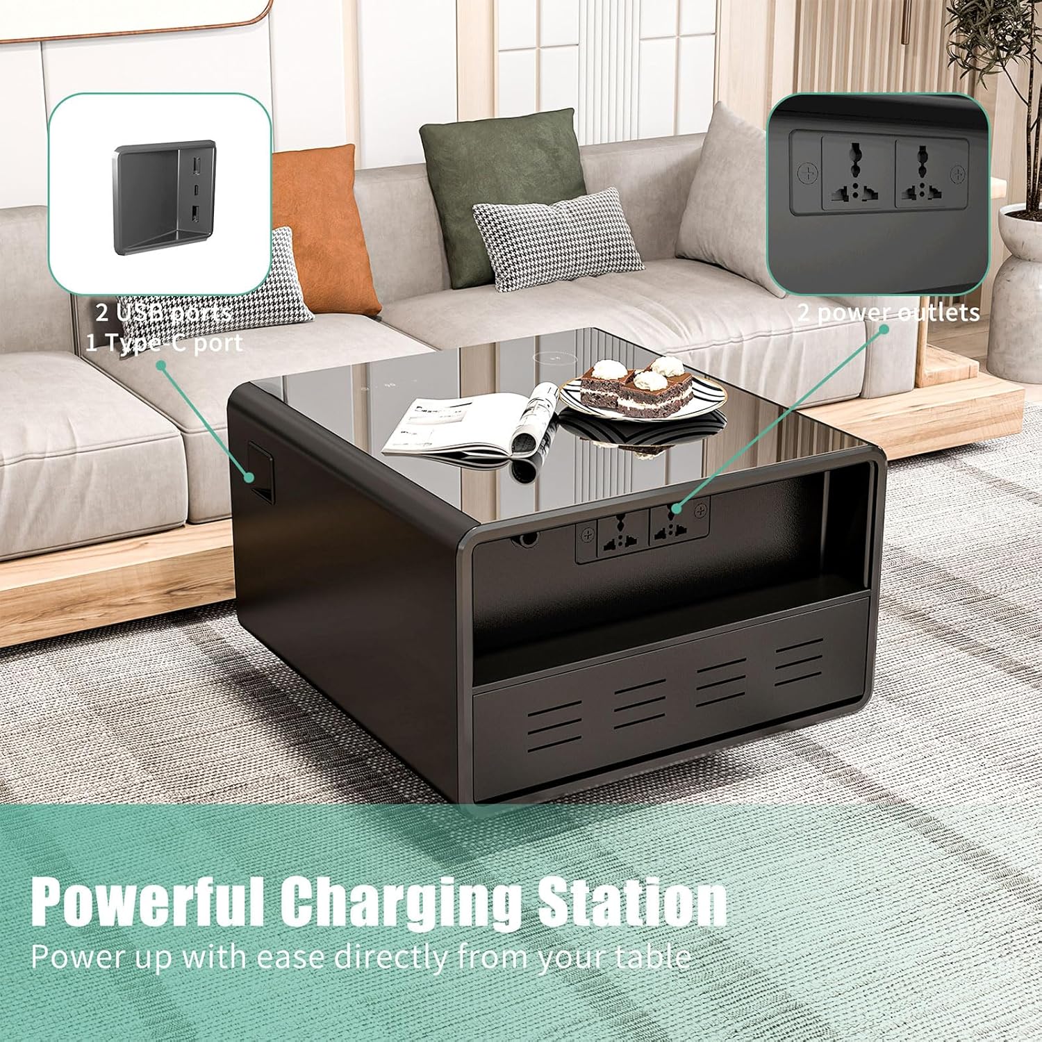 Modern Smart Side Table with Built-in Fridge Drawer (37-46°F), 15W Wireless Charging Nightstand, End Table with 2 Power Outlets, USB/Type-C Ports, Induction Light for Bedroom/Living Room, (Black)