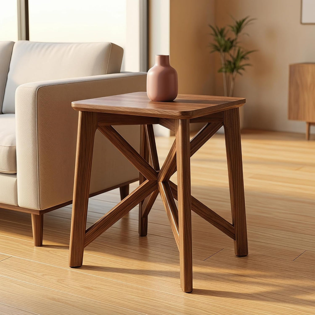 Walnut Wood Mini Square Coffee Table, 12"x12"x17.7" Small Side End Table for Bedside, Sofa Side, Balcony