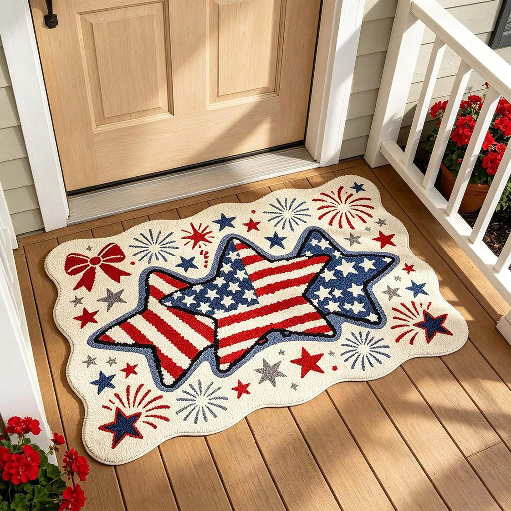 Patriotic Door Mat 4th of July Doormat Durable American Flag USA Front Door Mat Outdoor Non‑Slip Red White Blue Welcome Mat Plush Bathroom Rug Entryway Floor Mats Indoor Outdoor Decor 23.62x15.75in