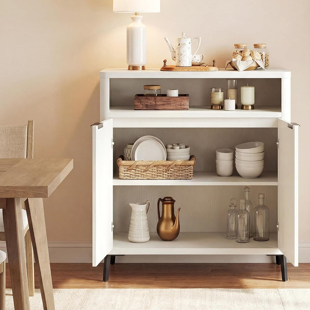 Fatmok Fluted Buffet Cabinet with Storage, 31.4" Wide Wood Sideboard Credenza with 2 Doors & Open Storage Shelf, Modern Coffee Bar Table for Living Room Kitchen Dining Room,White