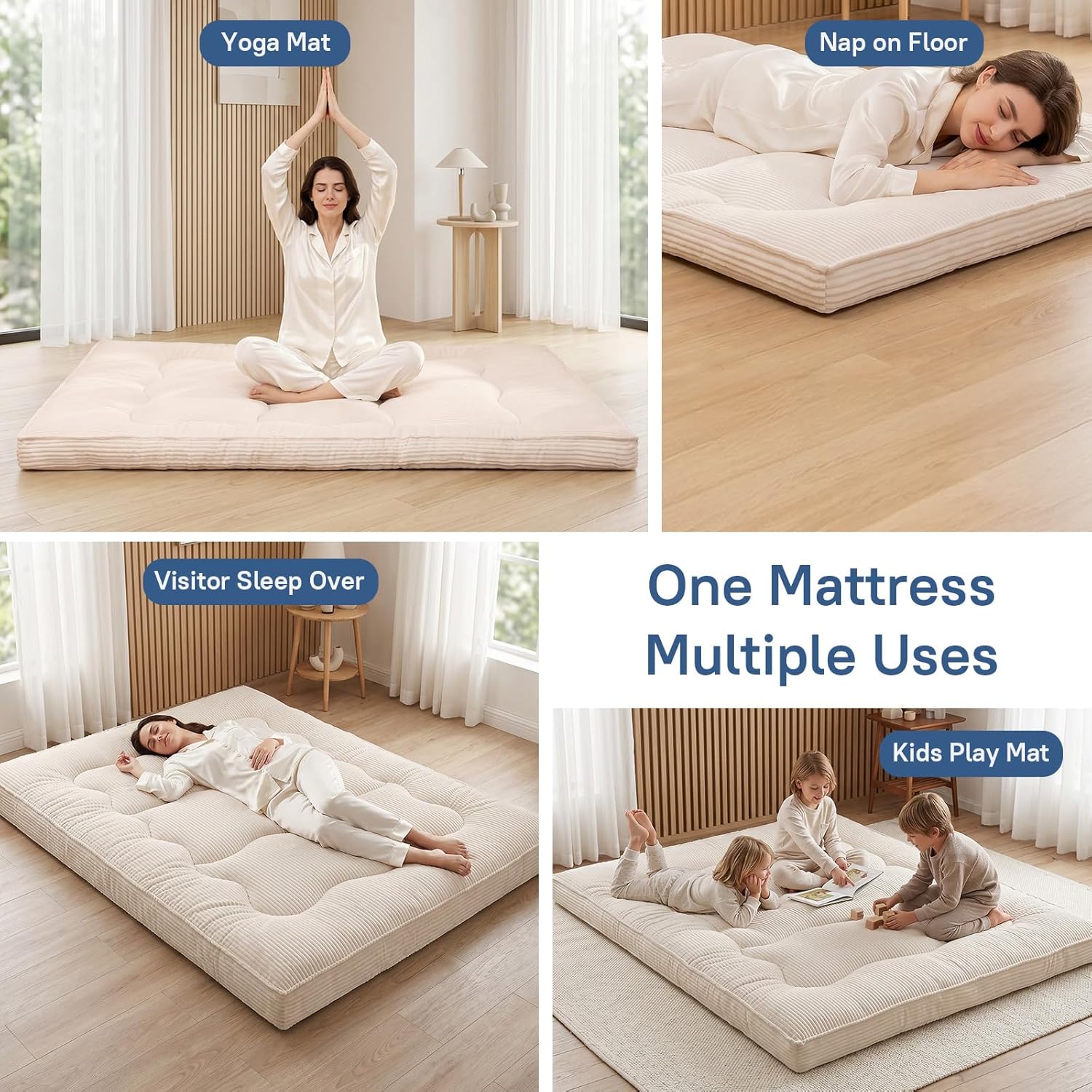 Extra Thick Futon Mattress - Japanese Floor Mattress for Adults, Portable Foldable Sleeping Pad for Guest, Camping, Dorm,Futon Mattress Queen Size with Storage Straps, Beige