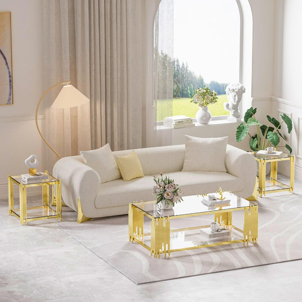 Luxury Gold Square Glass End Table, 19.7" Modern Side Table with Stainless Steel Irregular Leg Clear Tempered Glass Tabletop, Accent Furniture for Living Room (Clear, Set of 2)