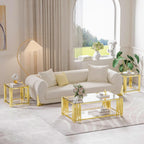 Luxury Gold Square Glass End Table, 19.7" Modern Side Table with Stainless Steel Irregular Leg Clear Tempered Glass Tabletop, Accent Furniture for Living Room (Clear, Set of 2)