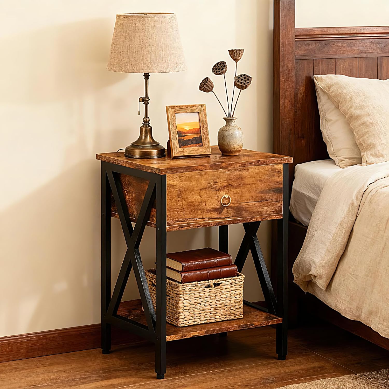JMLHMXC Nightstands Industrial Bedside End Tables with Drawer and Storage Shelf,Small Side Table for Bedroom, Living Room, Sofa Couch,Brown Set of 2