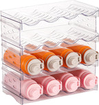 IEEK Plastic Stackable Bottle Storage Holder Rack Holds 16 Bottles,Free-Standing Water Bottle/Wine and Drink Organizer Shelf for Kitchen Cabinet,Fridge,Countertop,Pantry,Freezer,4 PackX4 Bottles,Clear
