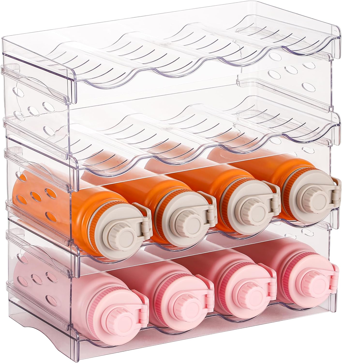 IEEK Plastic Stackable Bottle Storage Holder Rack Holds 16 Bottles,Free-Standing Water Bottle/Wine and Drink Organizer Shelf for Kitchen Cabinet,Fridge,Countertop,Pantry,Freezer,4 PackX4 Bottles,Clear