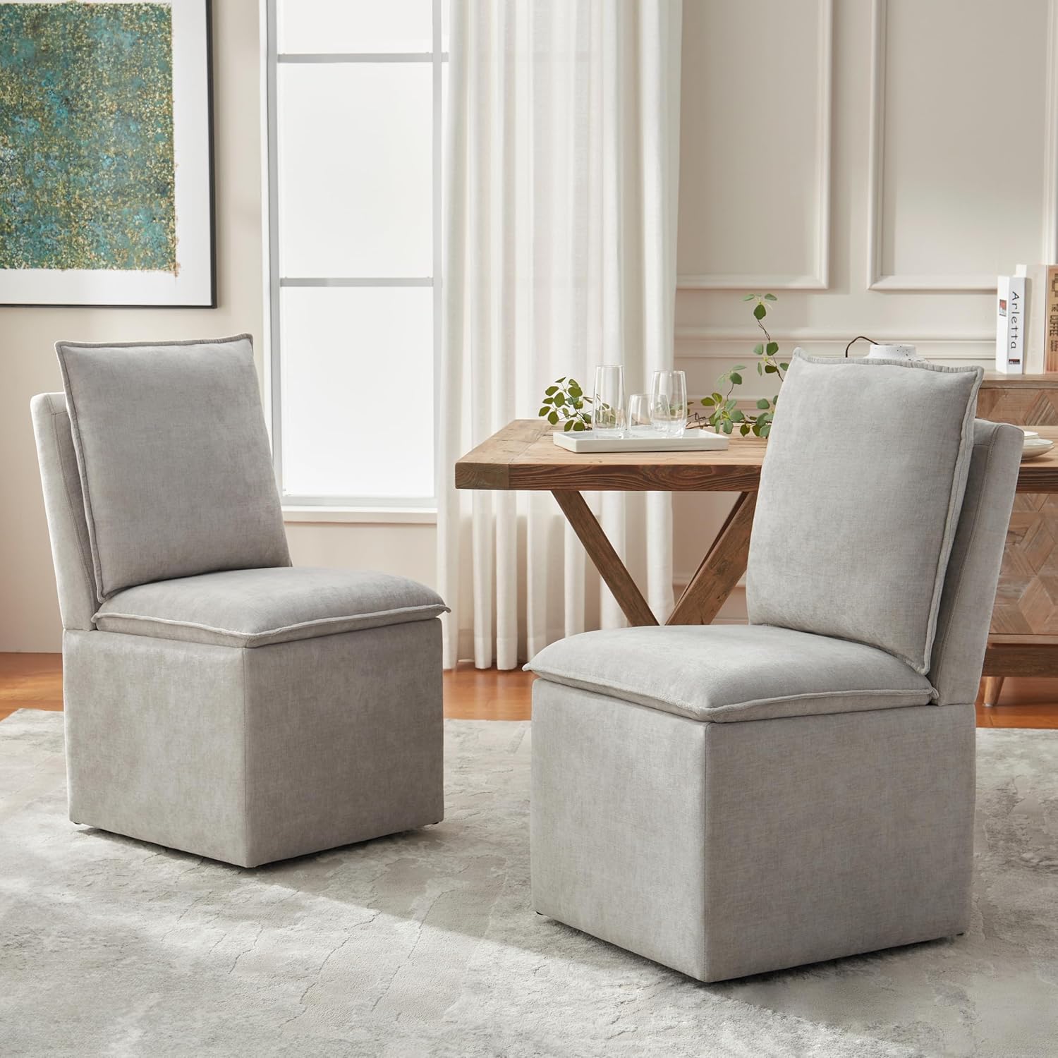 VKNOW Upholstered Dining Chairs, Modern Rolling Chairs with Storage and Wheels, Linen Armless Chair with Cushion and Backrest, Dining Room Chairs for Living Room Kitchen Bedroom, Light Grey