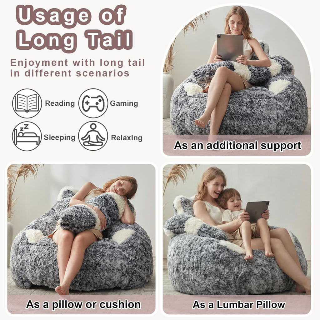 EBENCHICO Giant Bean Bag Chair for Adults Teens, Raccoon Shaped Faux Fur Bean Bag Sofa with Filler, Plush Beanbag Couch with Tail Pillow for Gaming, Reading, Bedroom, Dorm