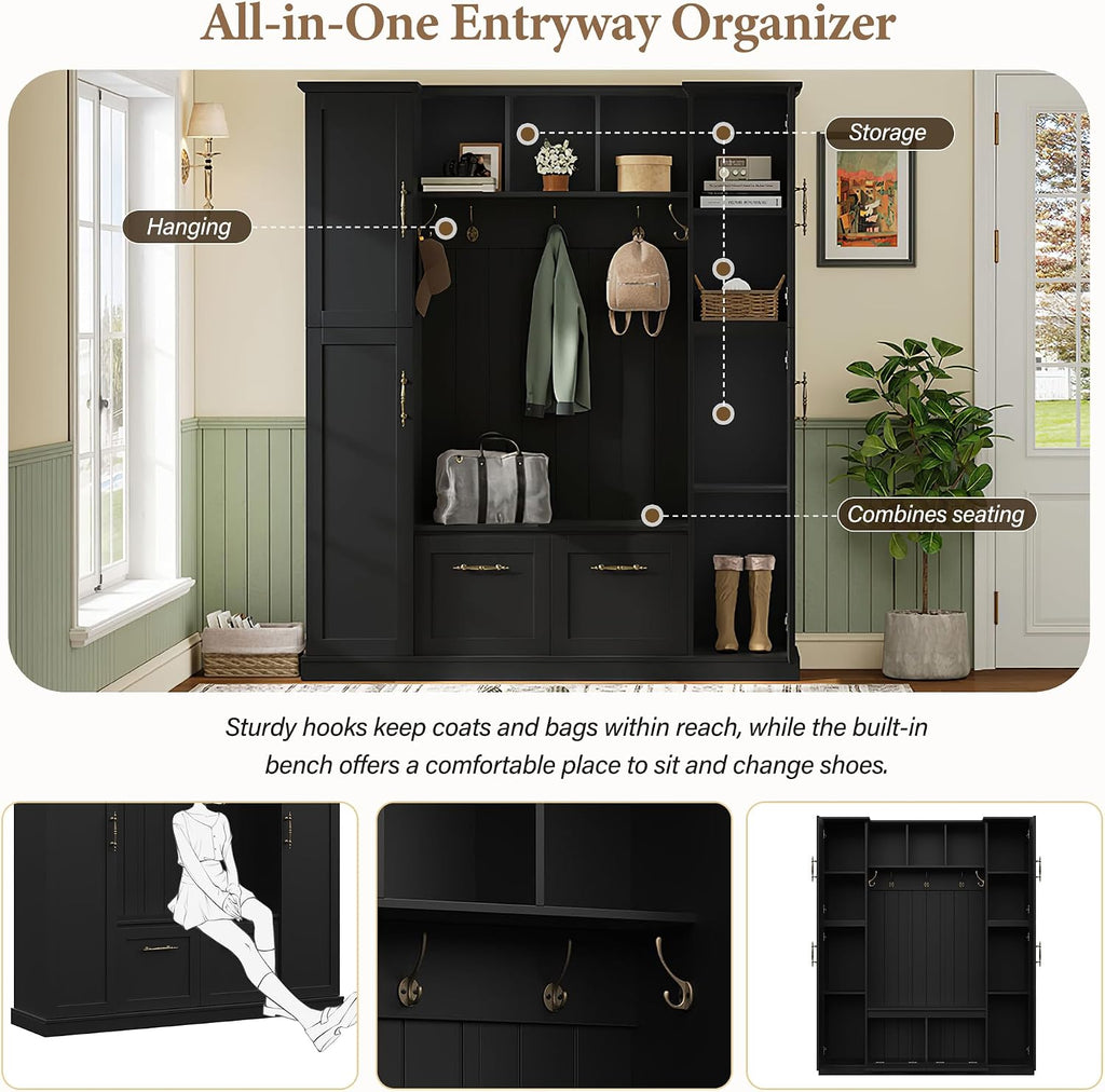 JIVOIT Farmhouse Hall Tree with 4 Side Cabinets, Adjustable Shelves & Open Cubbies, All-in-One Mudroom Furniture, Beadboard Entryway Bench with Coat Rack & 5 Hooks for Hallway (Black,152)