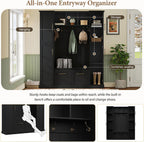 JIVOIT Farmhouse Hall Tree with 4 Side Cabinets, Adjustable Shelves & Open Cubbies, All-in-One Mudroom Furniture, Beadboard Entryway Bench with Coat Rack & 5 Hooks for Hallway (Black,152)