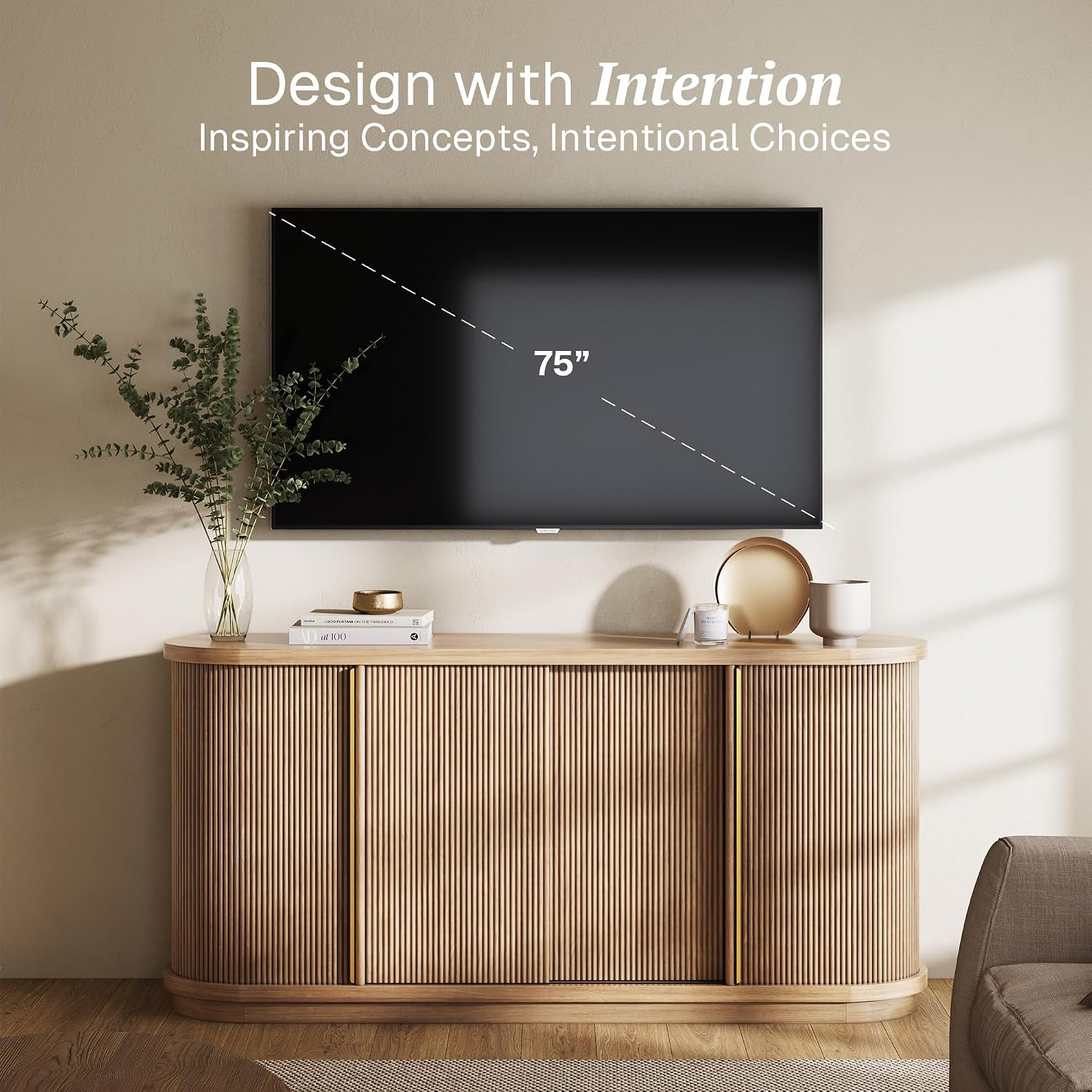 BELLEZE Turin 67" Modern Curved Sideboard with Sliding Tambour Doors - Fluted Wood Buffet Cabinet & Credenza - Oval Media Console with Gold Accents for Dining Room, Living Room, or Entryway (Camel)