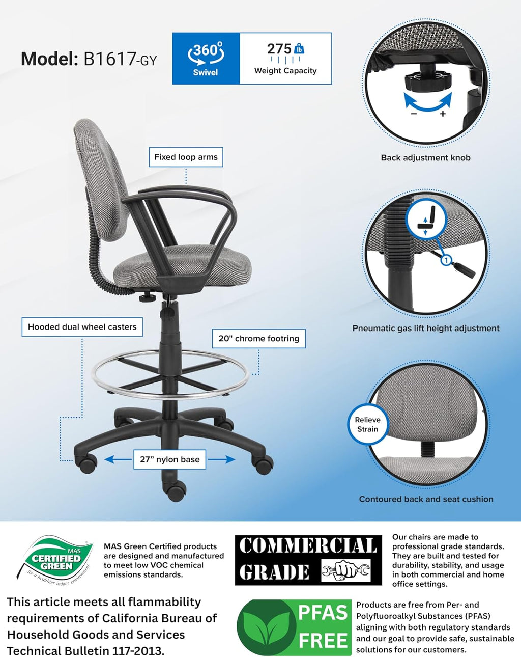 Boss Office Products B1617-GY Ergonomic Works Drafting Chair with Loop Arms in Grey