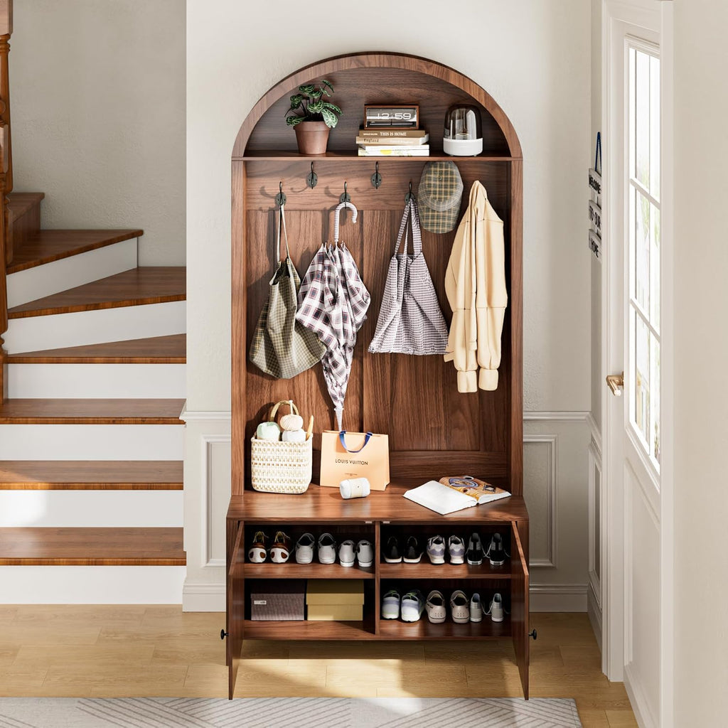 Hall Tree with Bench and Shoe Storage, Entryway Storage Bench with Coat Rack, 78.74" Coat Rack with 7 Hooks and Adjustable Shelves, Farmhouse Style Furniture Organizer for Hallway (Walnut, 78.74"H)