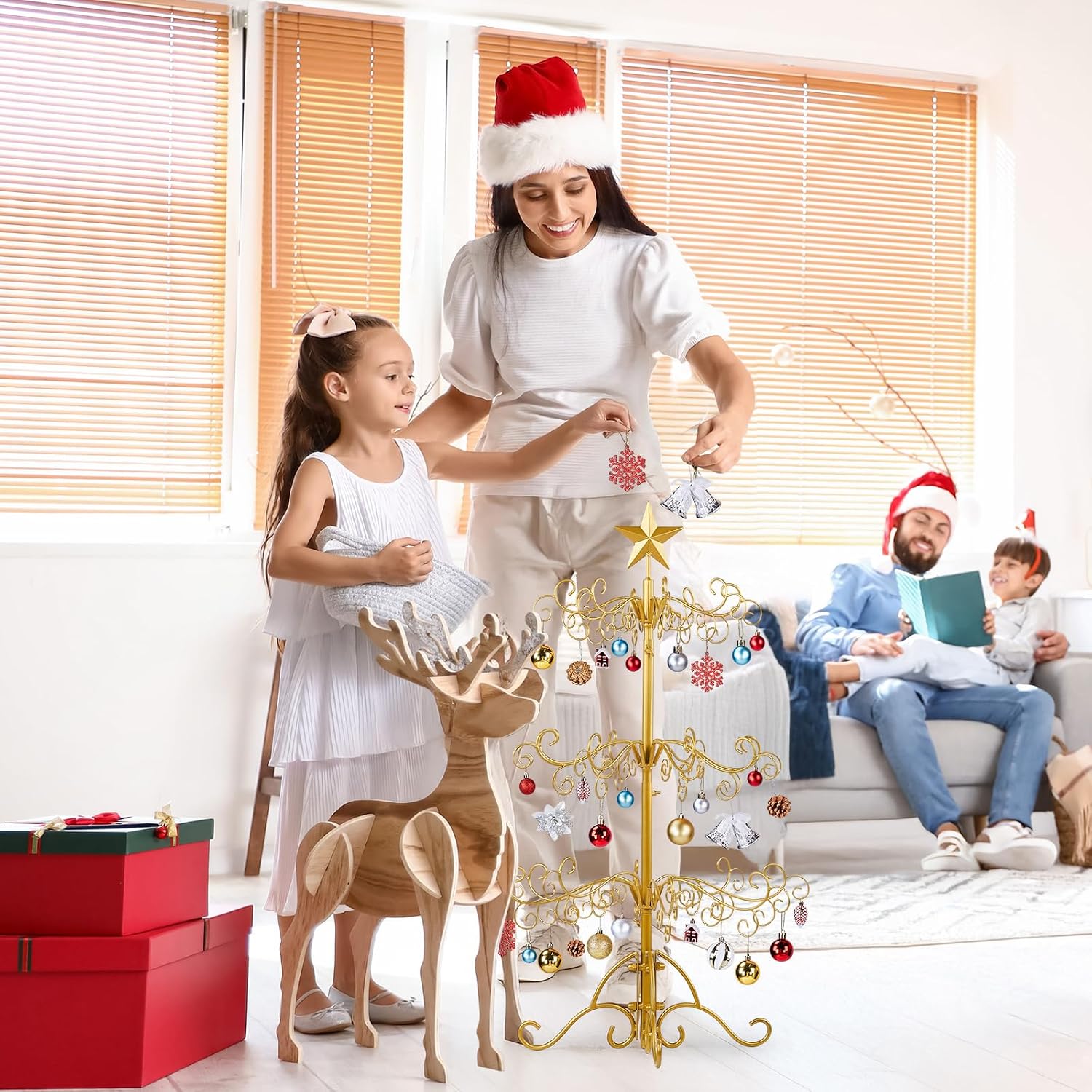 Karl home Metal Ornament Display Tree Stand, 3ft Wrought Iron Christmas Tree for Halloween Christmas Balls Bauble Decorations Gift Craft(Yellow)