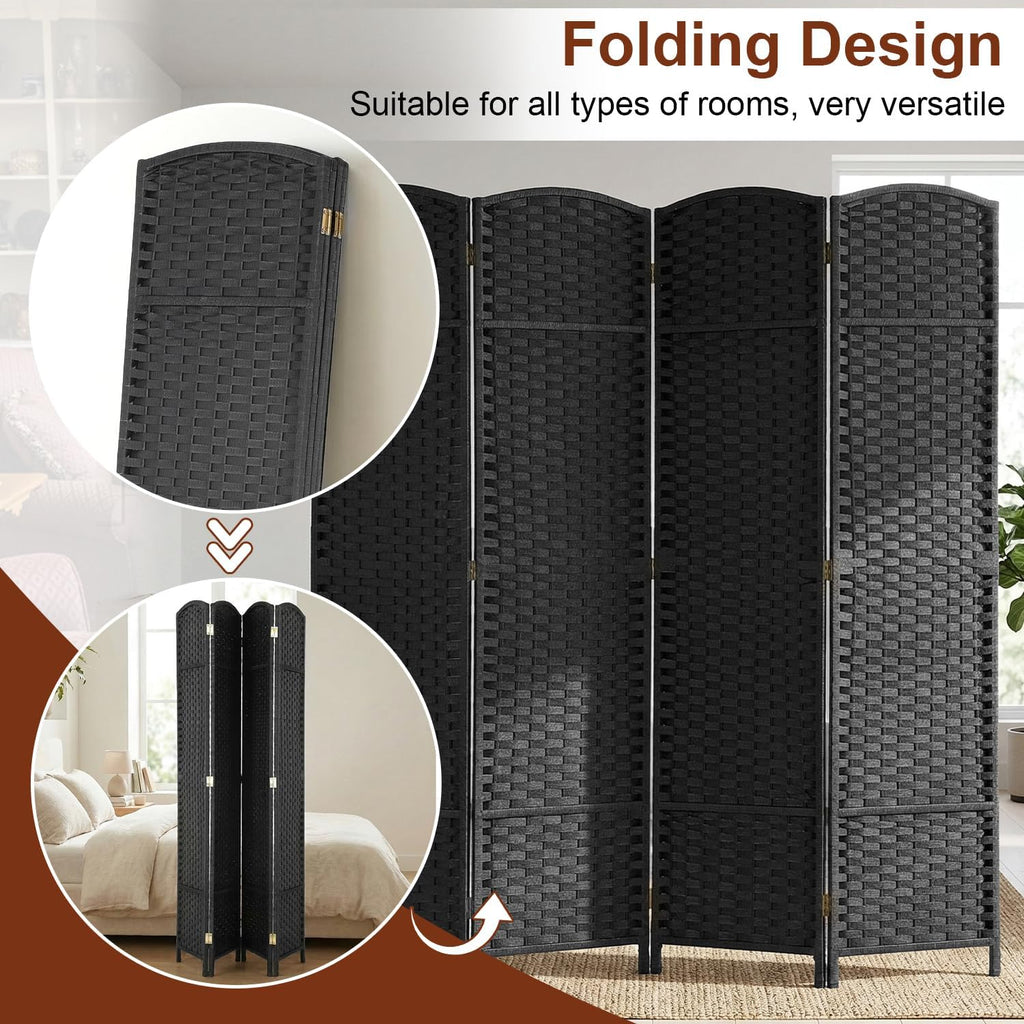 FDW Room Divider 4 Panel Screen 5.6 Ft Tall Partition Privacy Screens Folding Room Separation Free Standing Waterproof Wood Frame Wall Divider, Coal Black
