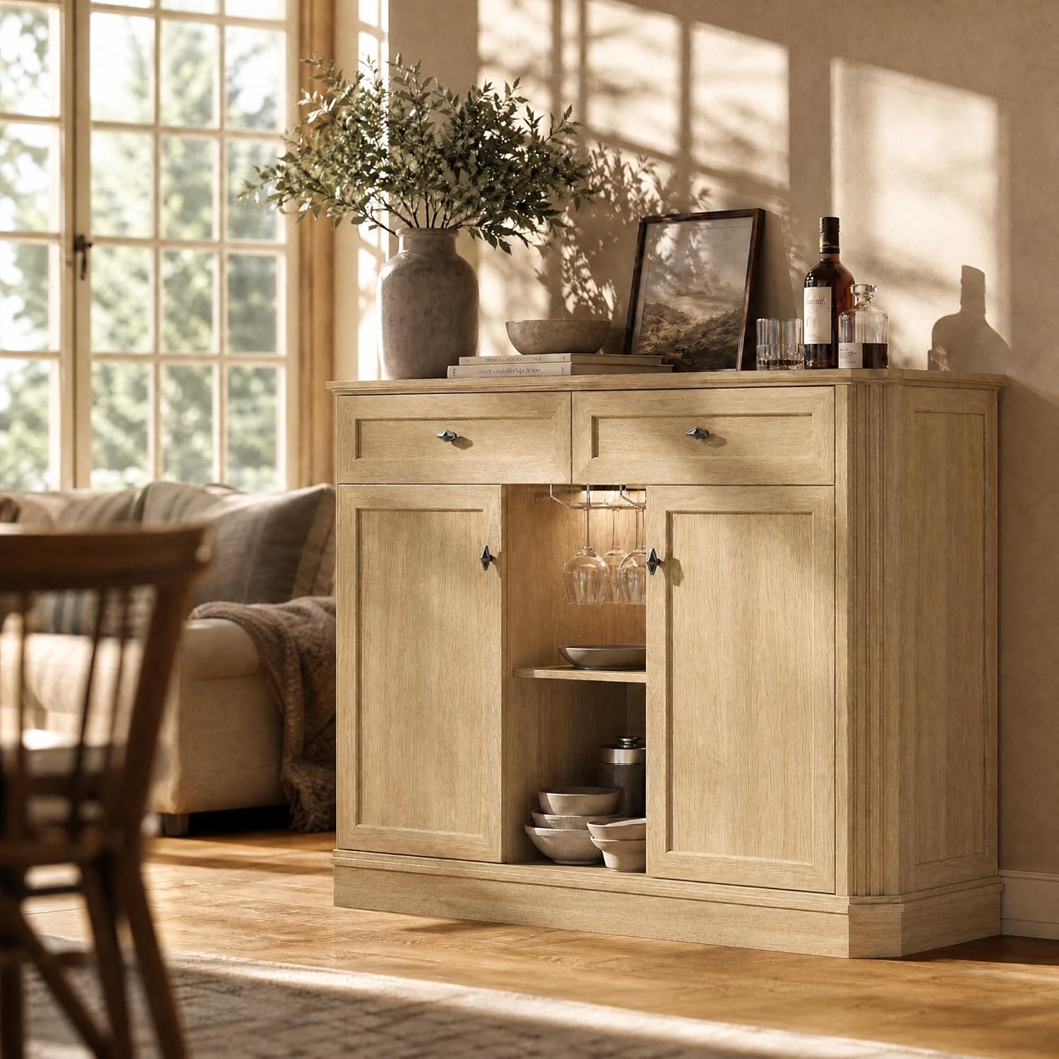 Natural Oak Coffee Bar with 2 Drawers & 2 Doors, LED Wine Bar Cabinet with Wine Glasses, Coffee Station with Built-in Outlets, Buffet Cabinet Sideboard with Extra Storage for Living Room Kitchen