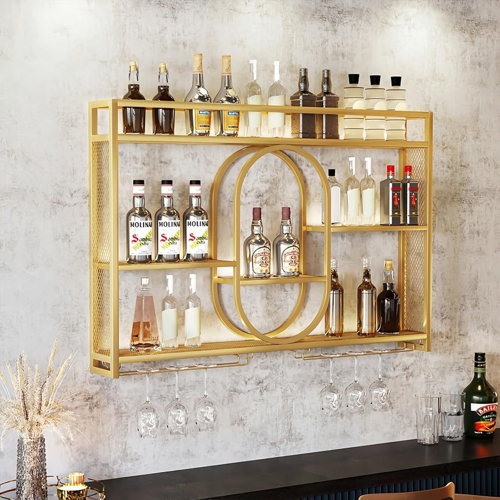 47" Upgrade Metal Wall Mounted Wine Rack, 3 Tier Bar Shelves with Glass Holder, Large Capacity Modern Liquor Shelves for Home Bar, Dining Room & Kitchen, Gold