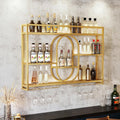 47" Upgrade Metal Wall Mounted Wine Rack, 3 Tier Bar Shelves with Glass Holder, Large Capacity Modern Liquor Shelves for Home Bar, Dining Room & Kitchen, Gold